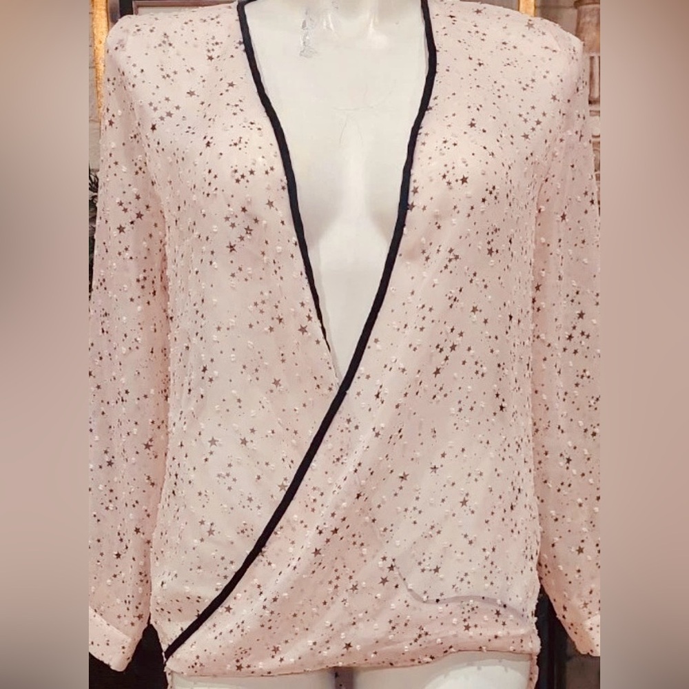 MARK AVON Vintage Sheer Pink Blouse, Black Liner & White Stars, Small NWOT (PM7)